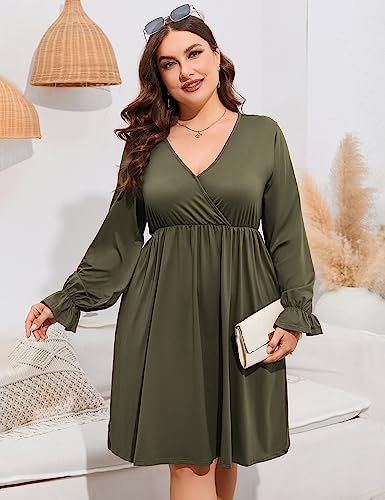 Image of ShopWonder Plus Size Dress Women's V Neck A-Line Knee Length Wrap Swing Dresses Plus Size A Line Party Mini Dress