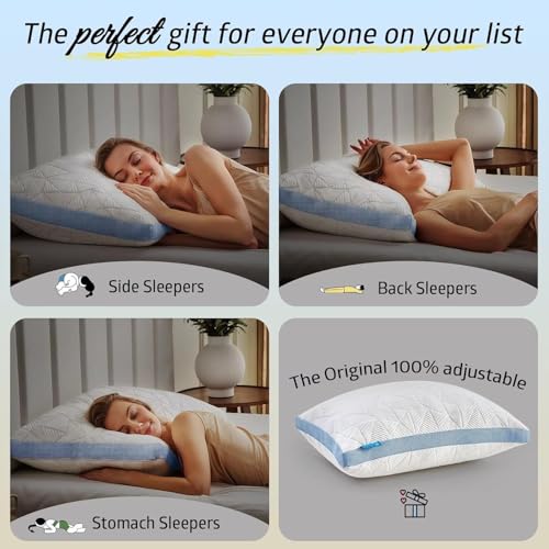 Image of BETU Cooling Pillows Queen Size Set of 2, Shredded Memory Foam Cool Pillows for Hot Sleepers, Adjustable Firm Soft Support Bed Pillows Perfect for Back Neck Pain and Side Sleeping with Cover, Blue