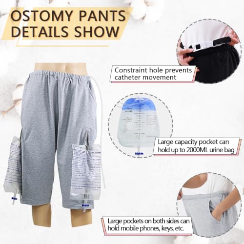 Image of Unisex Incontinence Care Trousers,Urinary Drainage Trouser,Catheter Pant,Fistula Pants,Ostomy Drainage Bag Care Scanties,Double Zippered Pockets Holding 2000ml Catheter Bags Black