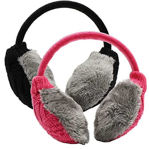 PODALOA Ear Muffs For Women Men, Winter Ear Warmers Unisex Adjustable Outdoor Earmuffs 2PCS (Black-Hot Pink)