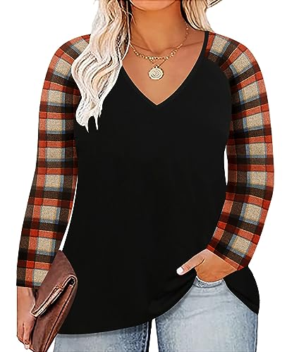 Image of TIYOMI Plus Size Tops for Women Raglan Long Sleeve V Neck T Shirts Casual Color Block Leopard /Floral Tops Winter Tee Shirt