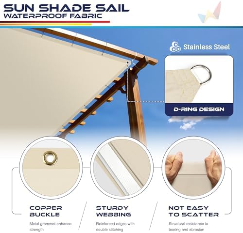 Windscreen4less 16' x 40' Waterproof Sun Shade Sail Straight Edge Outdoor Canopy Cover UV Block for Lawn Patio Backyard Garden Deck Pergola (Beige) - 3