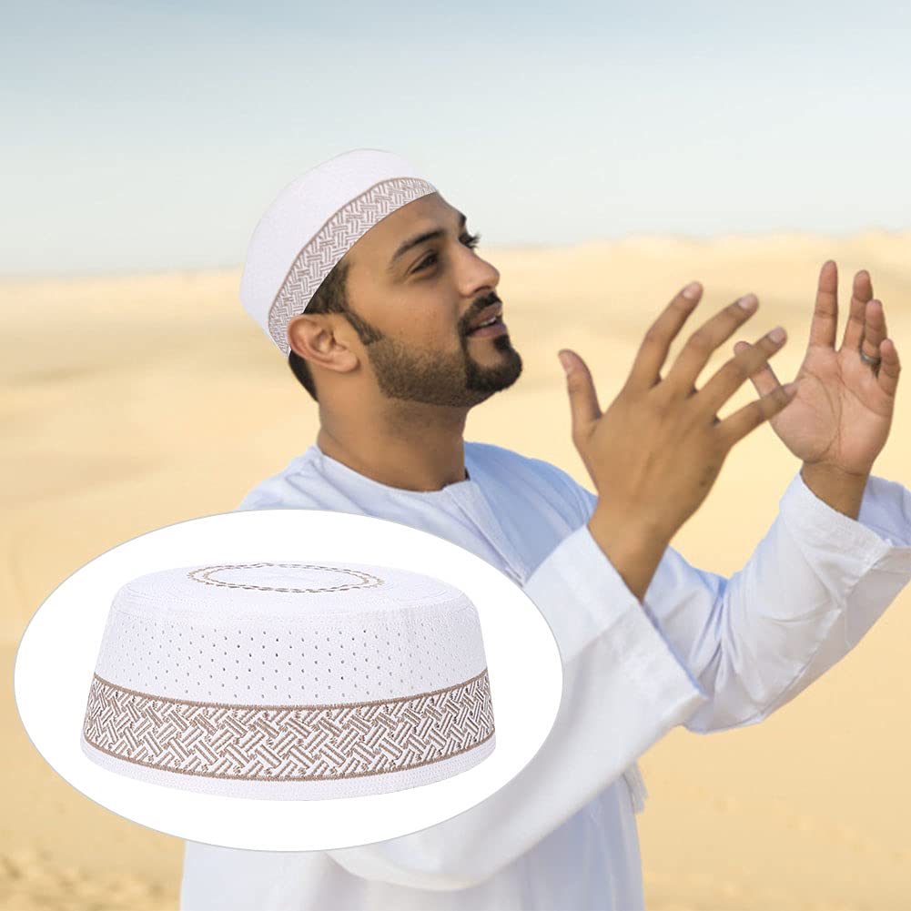 Mannen moslim gebed kufi hoed polyester gemengd katoenen doek islam man borduurwerk hoed mannelijk hoofddeksel (56cm / 22in wit
