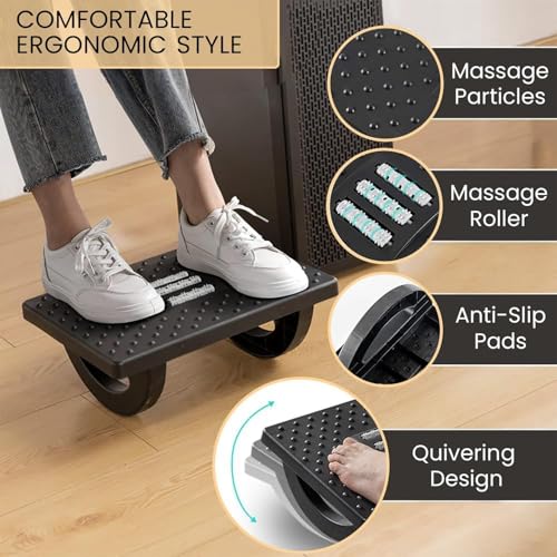 Image of Foot Rest for Under Desk at Work - Ergonomic Foot Stools for Under Office Desk - Rocking Footrest with Roller Massager - Leg Rest for Chair, Computer Gaming - Promote Leg Circulation.