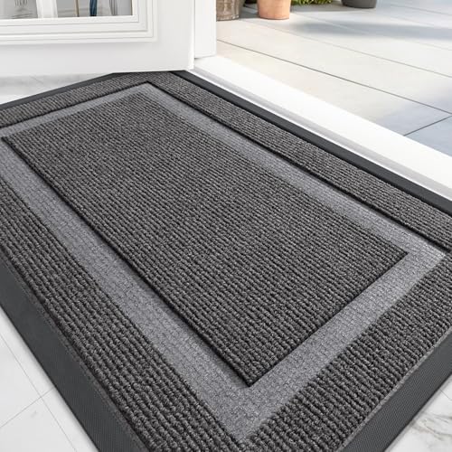 OLANLY Front Door Mat Indoor Outdoor Entrance, Waterproof All-Season, All-Weather Doormat, Sturdy Natural Rubber, Fade Resistant, Low Profile, Easy Clean Patio Porch Entryway Mat, 47x32, Dark Grey
