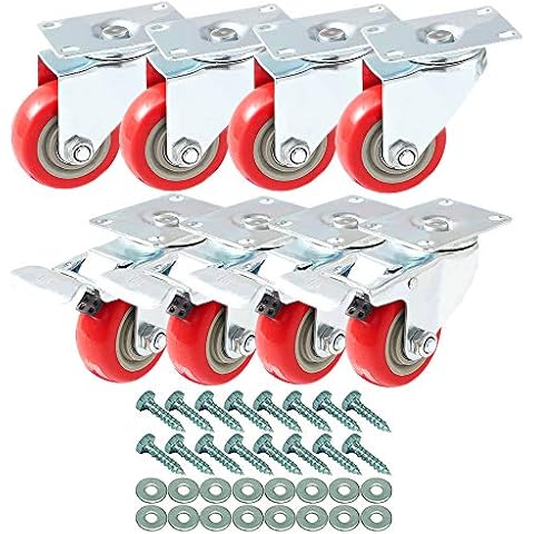 8 Pack 3 Inch Combo Caster Swivel Plate 4 w/Brake & 4 Plate Heavy Duty on Red PU Wheels with Heavy Duty Screws Cover