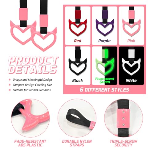 Image of 2 Pcs Devil Heart Shaped Car Handle Strap - JD M Drift Charm Rear Bumper Warning Ring Decor for Car Interior Exterior, Subway Bus Handle Accessory, Cute Heart Car Decor Gift for Drivers (Pink)