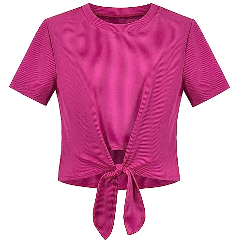 Image of Sunny Fashion Girls Crop Top 3-Pack Rib-Knit Knot Hem Lettuce Trim Basic Casual Short
