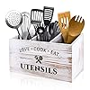 MINCORD Utensil Holder with 3 Compartments, Rustic Utensil Caddy Wood Utensil Crocks for Kitchen Counter, Farmhouse Flatware Utensil Organizer Storage Box for Silverware Fork Spoon Spatula