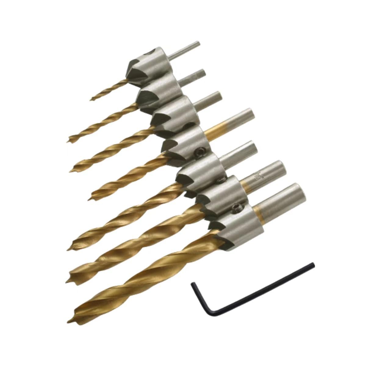 7Pcs Titanium Coated Countersink Drill Bit Set, 6mm Brad Point & Chamfer Tool for Woodworking, 150mm Length