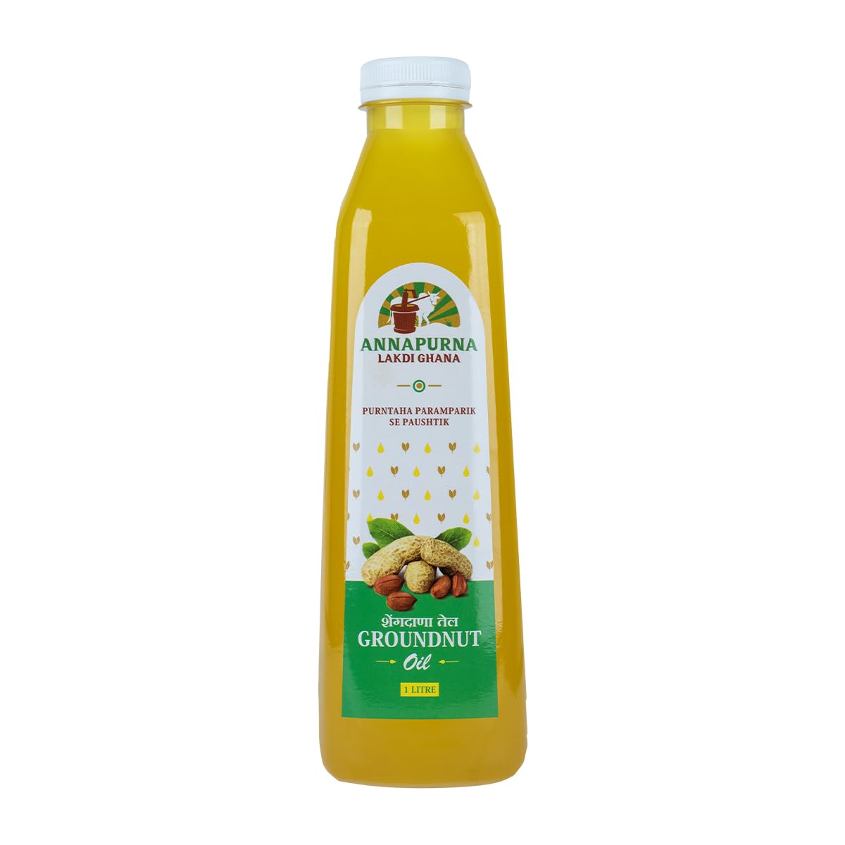 Annapurna Lakdi Ghana Cold Pressed Groundnut Oil (1000ml) | 100% Pure Wooden Pressed Peanut Oil | Cholesterol-Free, Heart-Healthy | Kolhu, Kachi Ghani, Mara Chekku Tel | Edible for Cooking