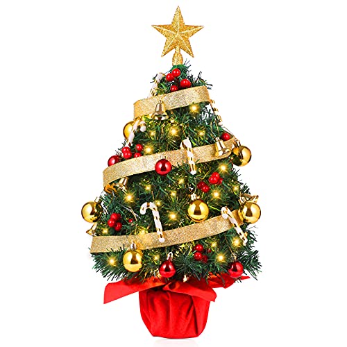 Unomor 50cm Mini Christmas Tree, Artificial Table Top Desk Decor Home Indoor Decoration Small Xmas Trees, Simulation Office Desktop Decor Party Xmas Festival Tree Adornment with Treetop Star(Golden)