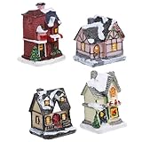 jojofuny Village de Noël Lumineux en Résine, Lot de 4 Mini Maisons Décoratives pour Fête de Noël, Ornements Lumineux pour Décoration Intérieure et Micro Paysage Festif, Ambiance