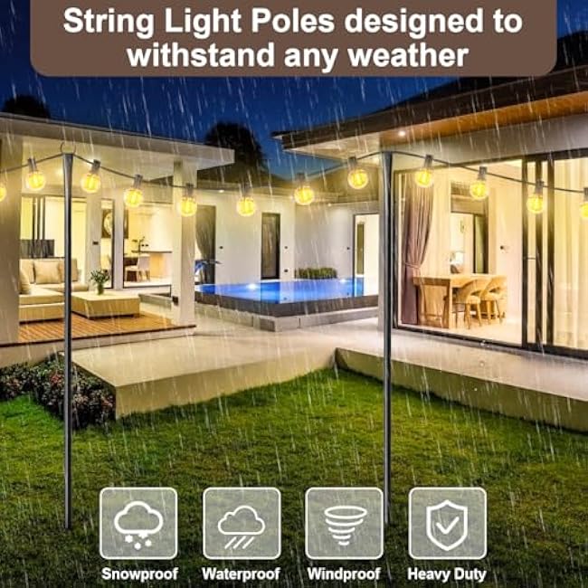 6 Pack 10FT String Light Poles for Outdoor,Metal Lights Hanging Pole Outside with Fork,Light Stand for Patio, Pergola, Garden, Backyard, Yard, Camping Party