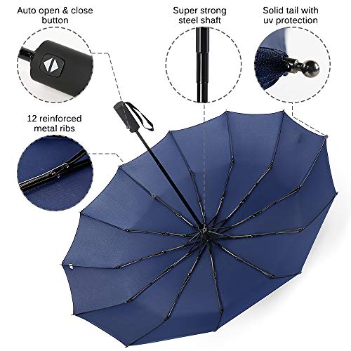 KKmoon 12 Costelas Guarda-chuva dobrável à prova de vento para viagem Guarda-chuva de golfe Canopy c
