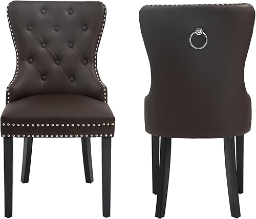 Miniatura 28 de Juego de 2 sillas de comedor de cuero PU, sillas de comedor tapizadas acolchadas con anillo de tracción y patas de madera maciza, negro