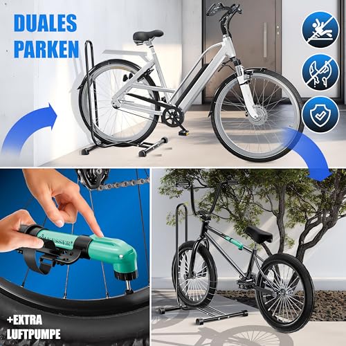 KESSER® Fahrradständer Boden einzeln für Mountainbike, E-Bike, Citybike, Rennrad, MTB | Fahrrad Montageständer | Freistehender Fahrradhalter Ständer Eisen | Reifenbreite bis 65mm | Inkl. Luftpumpe