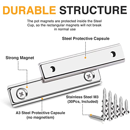 Image of TRYMAG Bar Magnets, 80Lbs 15 Pack Countersunk Hole Magnet with Screw | Silver,Heavy Duty Rare Earth ,Neodymium,Rectangular,for Mounting, Door, Garage, Workplace(60 x 13.5 x 5mm )