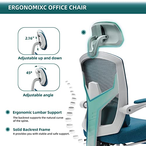 Image of DUMOS Home Office Desk Chair with Footrest, High-Back Mesh Rolling Swivel Reclining Chairs with Wheels, Comfortable Headrest, Lumbar Support, Comfy Arms for Home, Office, Gaming, Student, Elegant Blue