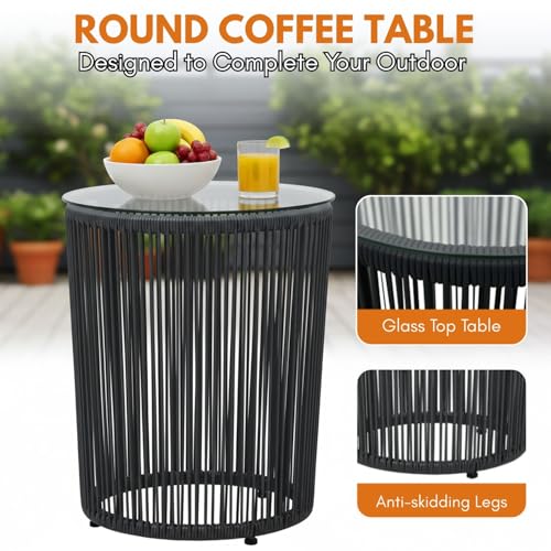 Image of DEVOKO Outdoor 3-Piece Rope Patio All-Weather Bistro Chair & Glass Top Tea Table for Balcony, Garden, Deck, Porch & Pool (Black & Black)