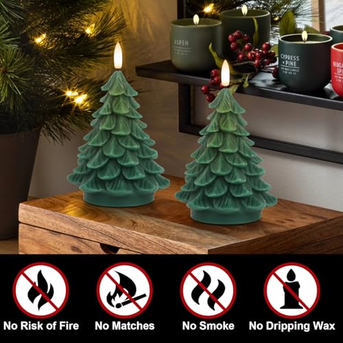 Image of Eldnacele Christmas Tree Flameless Candle with 6 Hour Timer, Battery Operated Real Wax 3D Wick Flickering Pillar Green LED Candles Xmas Eve Holiday Decor (2Pcs,2.76 inchx5.9 inch)