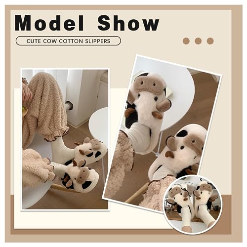 JosuE Cow Slippers With Cow Socks Animal Fuzzy Slippers Non-Skid Winter Warm Cozy For Women Teen Girls Outdoor Slippers4