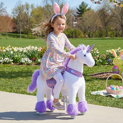 Image of PonyCycle Ride on Unicorn Toy (with Brake / 36 inch Height /Size 4 for Age 4-8) Toddler Purple Horse Ride on Toys for Kids Ride on Horse Plush Ux406