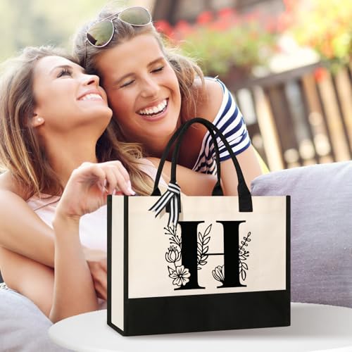 Image of Tecanne Personalized Initial Canvas Tote Bag, Suitable for Birthday, Wedding, Beach, Holiday, Gifts for Women, Mom, Teachers, Nurses, Best Friends, Bridesmaids (H)