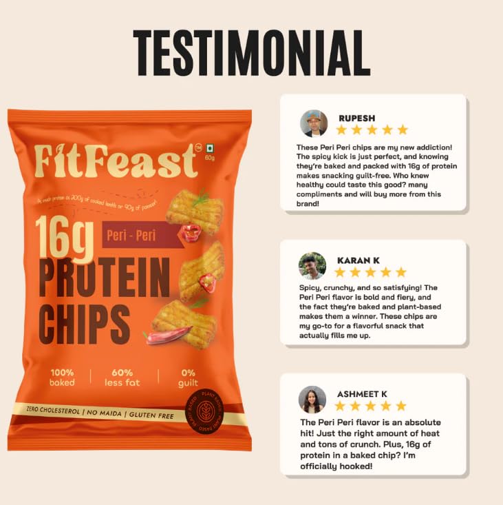 Image of FitFeast Protein Chips - Variety Pack of 6 | 3 x Peri Peri and 3 x Cream Onion | 16g Plant Protien Per 60g Pack | Baked, Not Fried | Multigrain Snacks | As Seen on Shark Tank