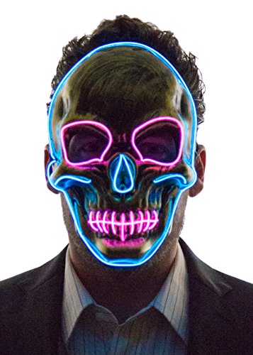Neon Nightlife Light Up Skull Mask, Scary Skeleton Death Mask, Halloween LED Grim Reaper Costume, Blue & Pink