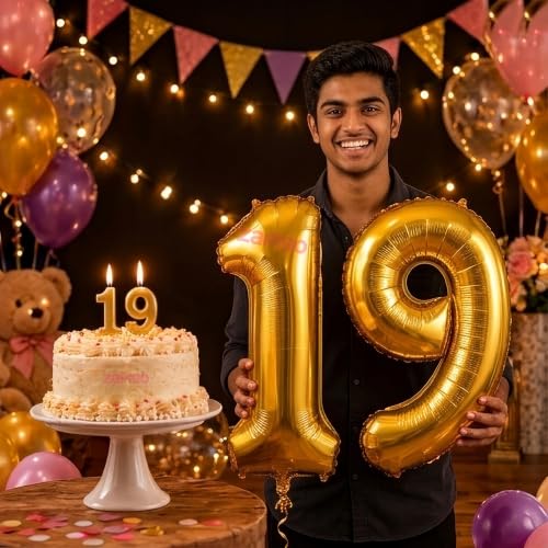 Image of Balloonistics Gold 40-Inch Foil Number 19 Balloon with Matching Number Candle - Combo Set for 19th Birthday Decoration, Anniversary, Party Backdrop, Cake Table Decor