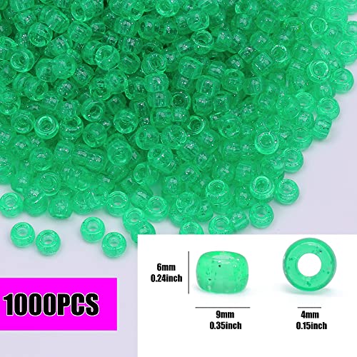 Image of 1000Pcs Pony Beads Bracelet 9mm Green Glitter Plastic Barrel Pony Beads for Necklace,Hair Beads for Braids,Key Chain,Jewelry Making (Green Glitter)