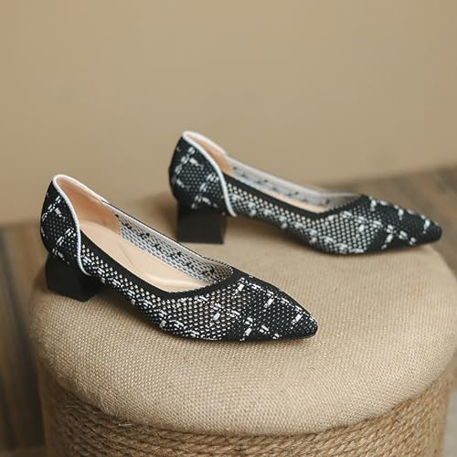 SWDZM Chunky Heels for Women Knit Ballet Shoes Pointed Toe Low Heel Mesh Comfortable Block Pumps Dress Shoes2