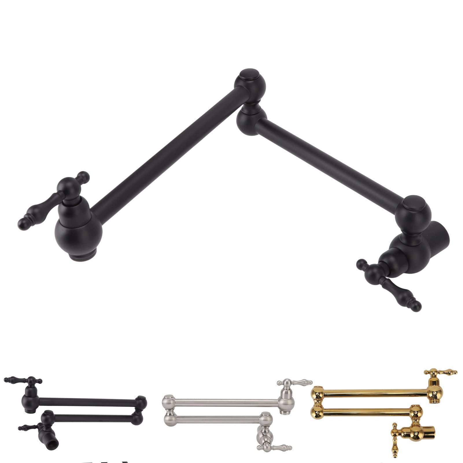 Grifo de Llenado de Ollas, Grifo de Cocina Montado en la Pared de Cobre Estirable G1/2, Grifo Plegable de Llenado de Ollas de Dos Manijas de Un Solos Orificio(Negro mate)