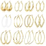 Juego de aretes de aro de oro para mujer, 12 pares de aretes hipoalergénicos grandes/grandes y gruesos de oro para regalo de joyería, 40 mm/50 mm, Large (30mm/40mm/50mm), Latón, Sin piedra preciosa