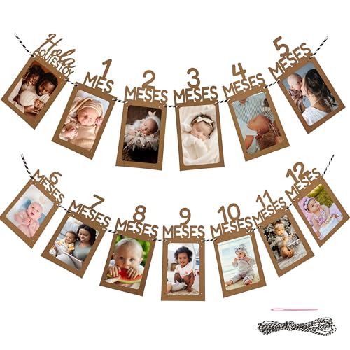 CZ Store - Grinalda de fotos primeiro ano - Garantia vitalícia. - Banner com bandeiras para o primeiro aniversário bebé - 12 cartões de papel kraft para fotos, corda e agulha - decorações para festa