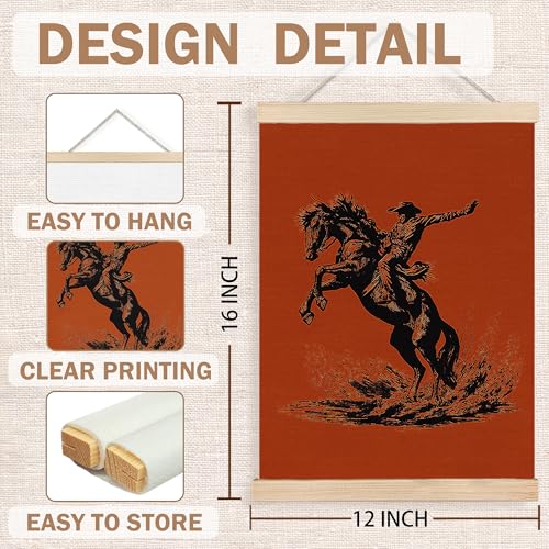 Image of PQKIY Burnt Orange Vintage Western Cowboy Wall Art Poster Hanger Frame 12x16 in, Western Cowboy Equestrian Rodeo Horse Wall Decor Canvas Prints for Home Room Office Men Cave