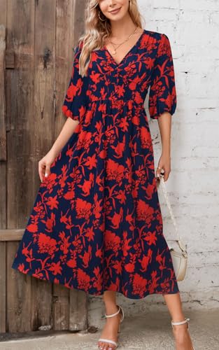 Image of Kormei Women Casual Boho V Neck 3 /4 Sleeve Smocked Waist A Line Flowy Swing Midi Dress Smocked Long Dress