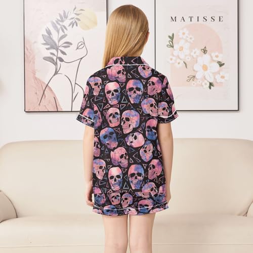 ALAZA Cool Sugar Skull Black Satin Pajamas Set Short Sleeve Button Down Sleepwear Summer Pjs 2 Piece4