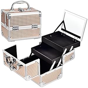 Joligrace Rose Gold Makeup Box Vanity Case Cosmetic Organiser Case Travel Make Up Case Beauty Box with Mirror, 2 Trays, Lockable, Size: 19.5 x 15 x 16cm