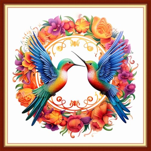 Image of Findvoor Stamped Cross Stitch Kits for Beginner Embroidery Kits for Beginners Adults DIY 11CT Cross Stitch Patterns Needlepoint Kits Crossstitching Kits-Hummingbird Flowers 18x18 inch