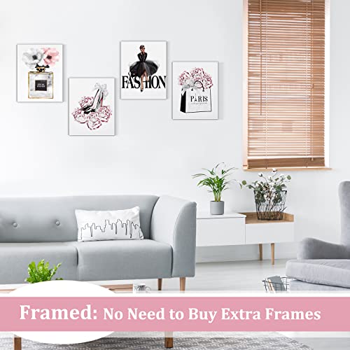 CoziTech Fashion Women Canvas Wall Art Framed, Modern Artwork for Girls Bedroom Wall Décor Pink Flowers Perfume Art Print Handbag High Heel Wall Picture, Gift for woman, Gift for Girls. Set of 4.