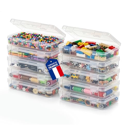 Iris Ohyama, Petite Boite de Rangement avec Couvercle Rabattable, Plastique, 0.8L, Set de 10, Transparent, Empilable, Fermeture à Clip, Pour Puzzle, Lego, Vis, Crayon...