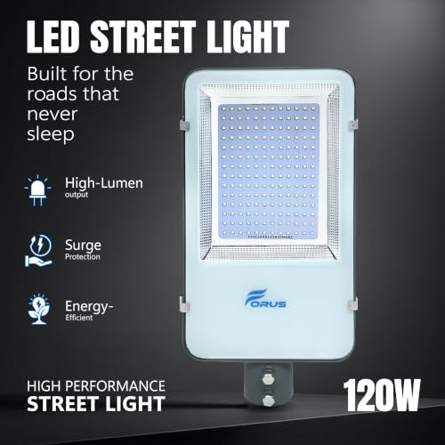 Image of Forus 120W LED Street Light Outdoor with 4-Yr Warranty, High Lumen 120 lm /W Waterproof Cool White Light, Energy Saving Aluminium LED Street Lamp for Road, Parking Lot, Industrial Area Lighting (1 PC)