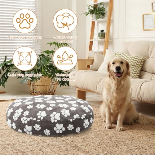 TNTGMG 114cm Hundebettabdeckung,Runde Hundebett Ersatzbezug,Waschbare Baumwollvliesabdeckung mit Elastischem Band und Liebliche Hundepfote,Wasserdicht Wiederverwendbare Hundebett Einlage(114cm)