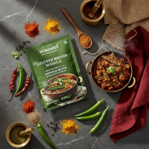Image of Hommies Stuffed Bhindi Masala Spice Mix | Ready to Cook in Minutes | Just Add Ladyfinger & Water | Serves 4 | Healthy Curry Masala with No Preservatives | Pack of 4 (200g, 50g Each)