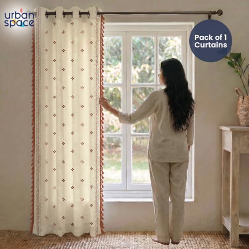 Image of Urban Space Boho Decorative Curtain for Window, 100% Cotton Curtain 5 Feet Long, 1 piece Curtain with Tassels, 60-65% Room Darkening with Tieback and Eyelets (Aaqar Rust, 5 Feet)