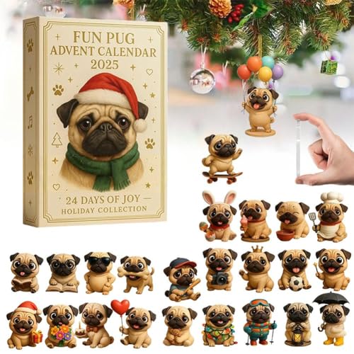 Mops Adventskalender 2025, 24 Tage Weihnachten Adventskalender mit niedlichen Mops Hund hängende Ornamente, lustige 24 Tage Countdown bis Weihnachtskalender, Feiertagsdekorationen Geschenk für