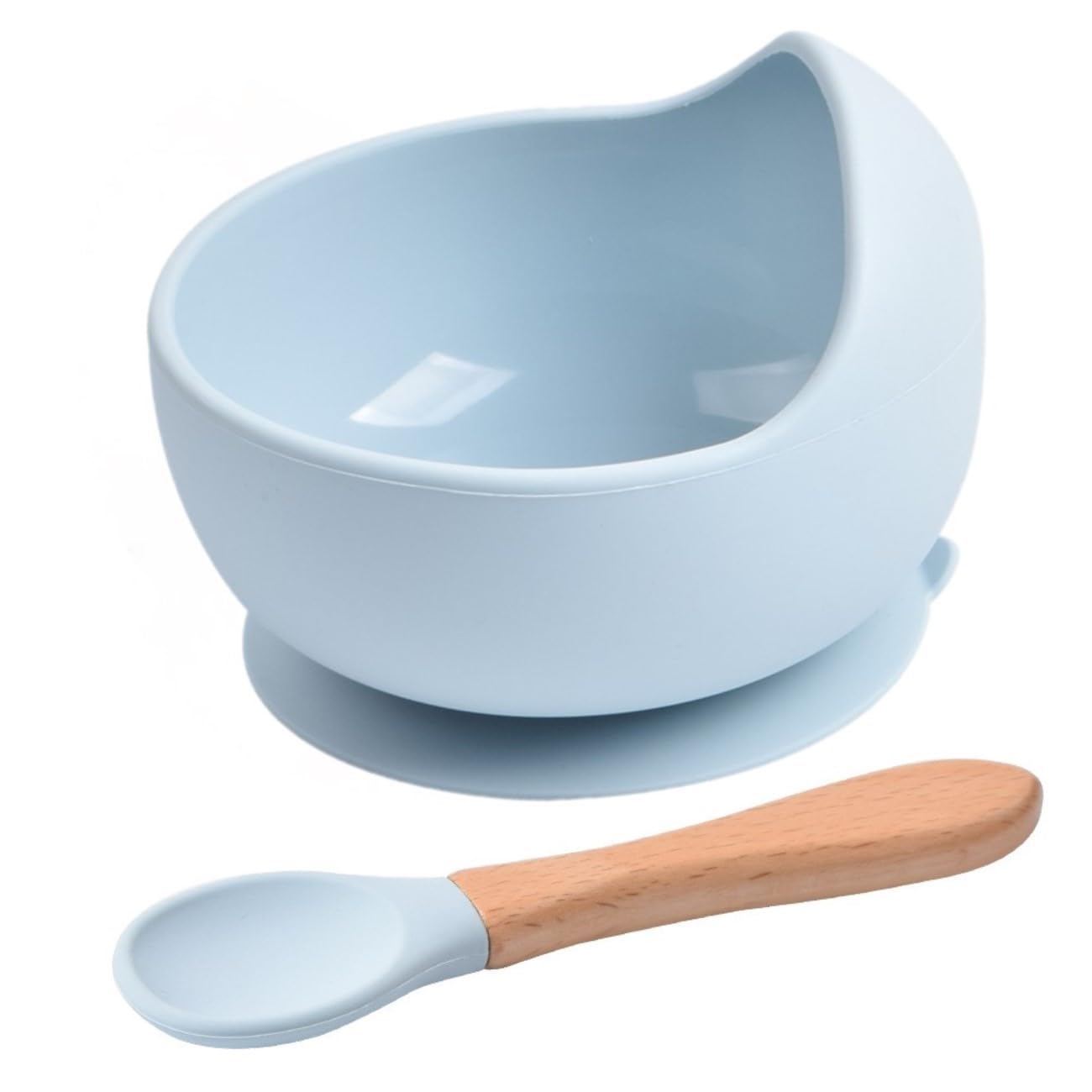 VELINEX Baby Kids Feeding Silicone Bowl & Wooden Handle Spoon for Babies and Toddler, Unbreakable Silicone Non-Slip Suction, Microwave & Dishwasher Safe (Light Blue 1 Set), 350 Ml-image-23