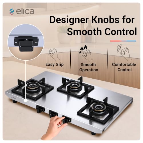 Image of Elica 3 Burner 2mm Stainless Steel Gas Stove | INOX HD 3B 77 SG | 77cm Wide Layout, Forged Brass Burners - 1 Jumbo 1 Medium & 1 Small Burner, Square Grid Pan Support, 2 Yr Warranty